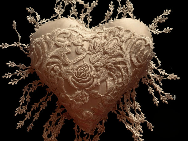 Silk and Lace Ivory Heart Cushion - LLHCN12