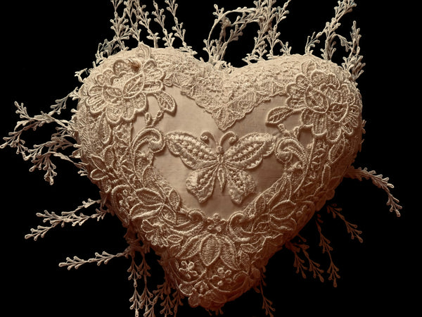 Silk and Lace Butterfly Ivory Heart Cushion - LLHCN13