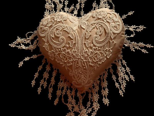 Silk and Lace Butterfly Cream Heart Cushion - LLHCN1