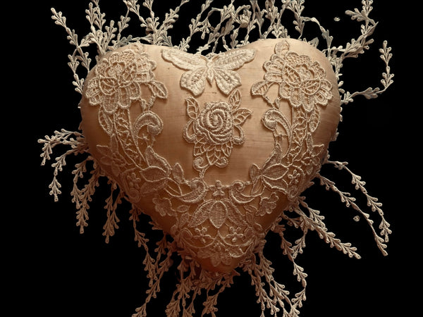 Silk and Lace Butterfly Cream Heart Cushion - LLHCN2