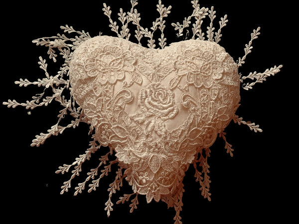 Silk and Lace Rose Ivory Heart Cushion - LLHCN6