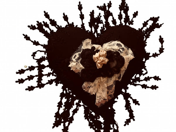 Silk and Lace Black Flower Cluster Heart Cushion - LLHCN7