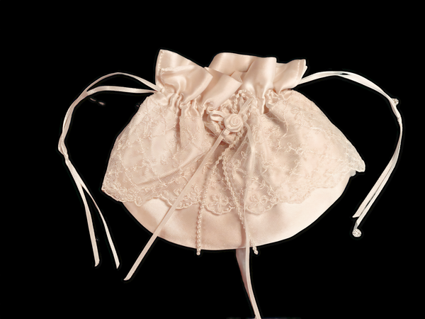 Ivory Silk Drawstring Lipstick Purse with Nottingham Lace Trim and Rosebud - PUR28