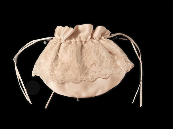 Ivory Silk Drawstring Lipstick Purse with Nottingham Lace Trim and Rosebud - PUR28