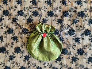 Metallic Green Drawstring Purse with Rosebud - PUR52