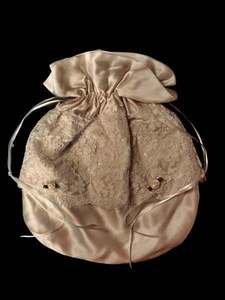 Ivory Silk Drawstring Evening Bag with Nottingham Lace Trim and Rosebuds - PUR55