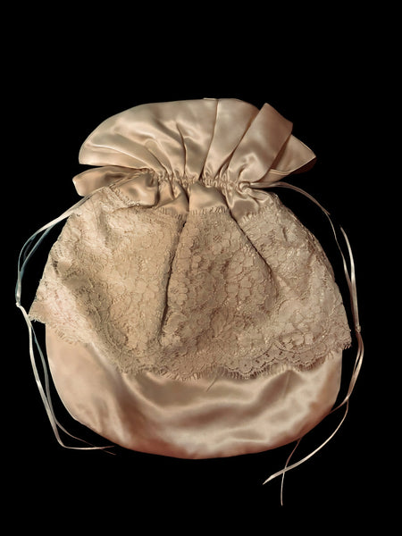 Ivory Silk Drawstring Evening Bag with Nottingham Lace Trim and Rosebuds - PUR55