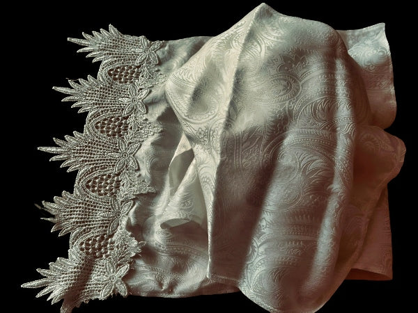 Ivory Pure Silk Scarf with Guipure Nottingham Lace Trim - SF504