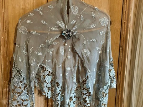 Silk Chiffon and Rose Nottingham Lace Shawl - SH123