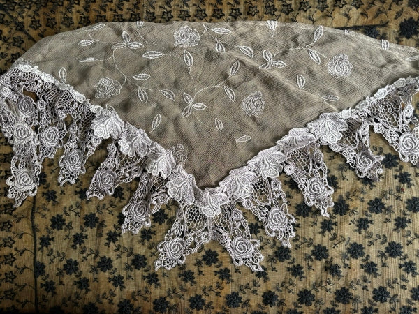 Silk Chiffon and Rose Nottingham Lace Shawl - SH123