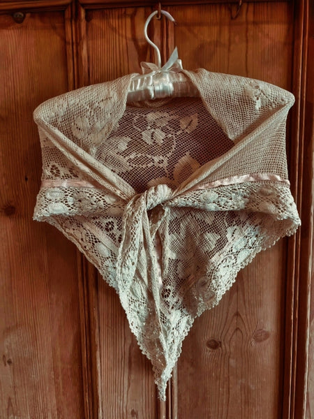 Vintage Cream Lace Shawl with Pale Pink Ribbon - SH20263