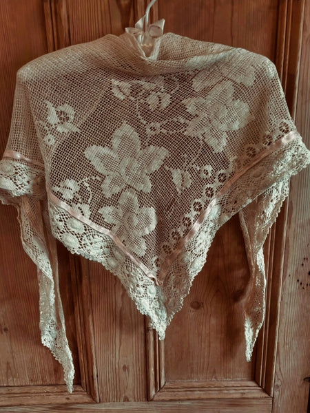 Vintage Cream Lace Shawl with Pale Pink Ribbon - SH20263