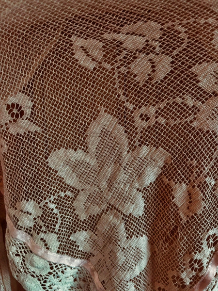 Vintage Cream Lace Shawl with Pale Pink Ribbon - SH20263