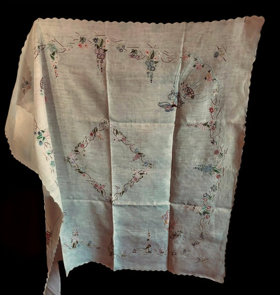 Vintage Cotton Crinoline Lady Embroidered Tablecloth - VTC1