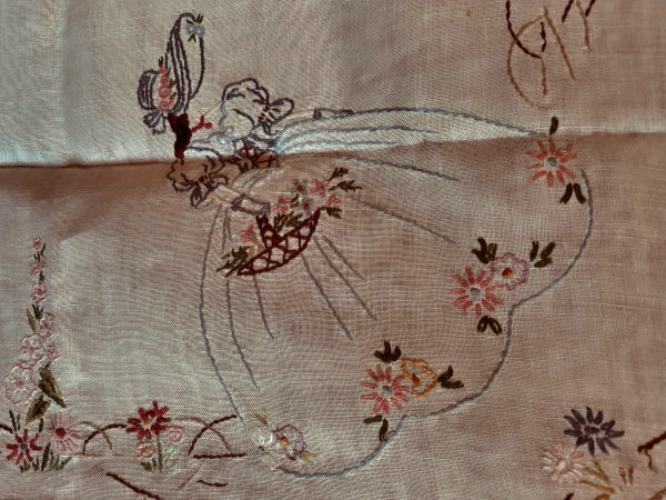 Vintage Cotton Crinoline Lady Embroidered Tablecloth - VTC1